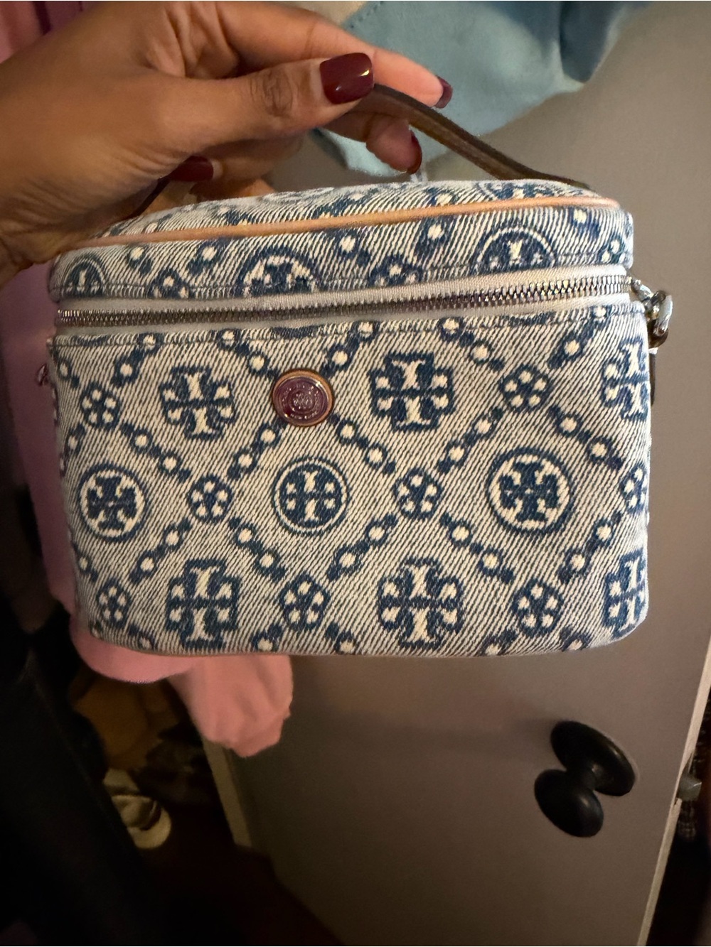 Tory Burch Blue Logo Jacquard Cosmetic Case with Wrist Strap